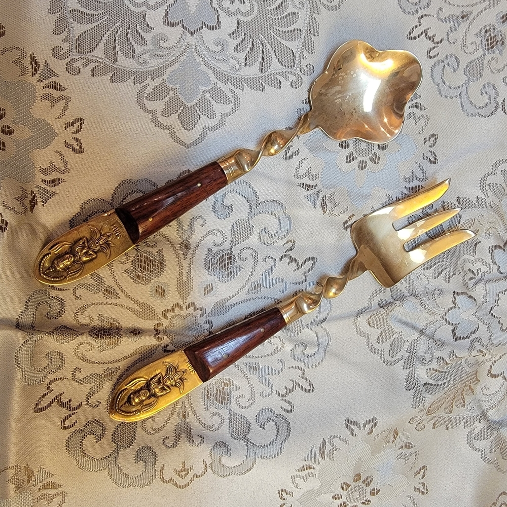 RARE Vintage T James SIAM Buddha Style Brass and Rosewood serving spoon and fork